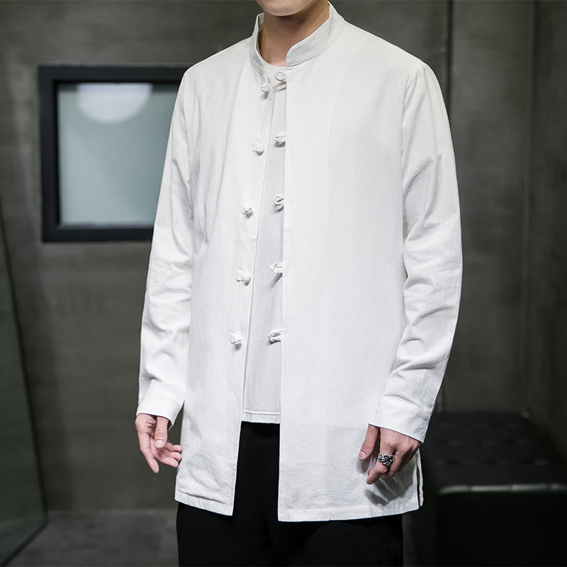 Buddha Stones Simple Tang Suit Plain Chinese Frog-Button Men's Cotton Long Sleeve Jacket Shirt