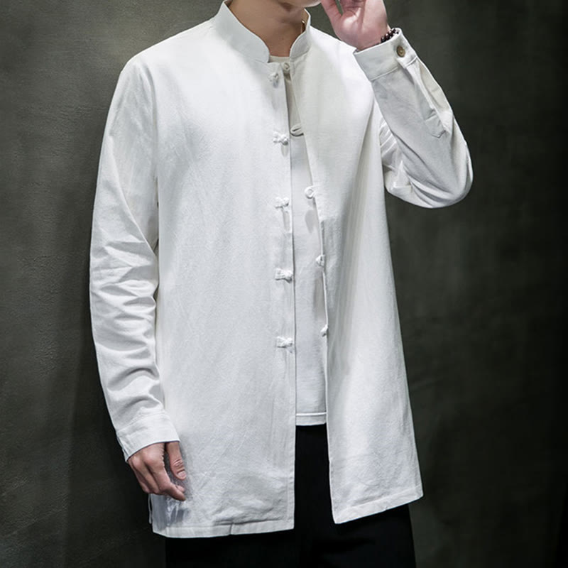 Buddha Stones Simple Tang Suit Plain Chinese Frog-Button Men's Cotton Long Sleeve Jacket Shirt