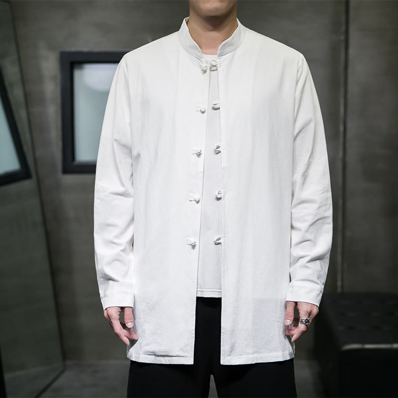 Buddha Stones Simple Tang Suit Plain Chinese Frog-Button Men's Cotton Long Sleeve Jacket Shirt