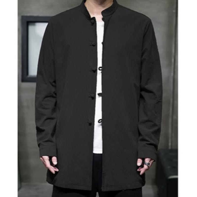 Buddha Stones Simple Tang Suit Plain Chinese Frog-Button Men's Cotton Long Sleeve Jacket Shirt