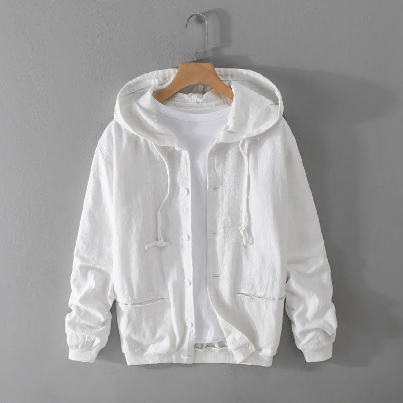 Buddha Stones Ribbed Hem Design Hoodie Long Sleeve Men's Cotton Linen Jacket Shirt With Pockets