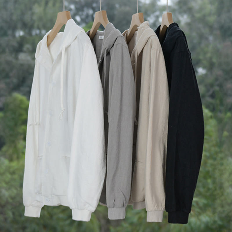 Buddha Stones Ribbed Hem Design Hoodie Long Sleeve Men's Cotton Linen Jacket Shirt With Pockets