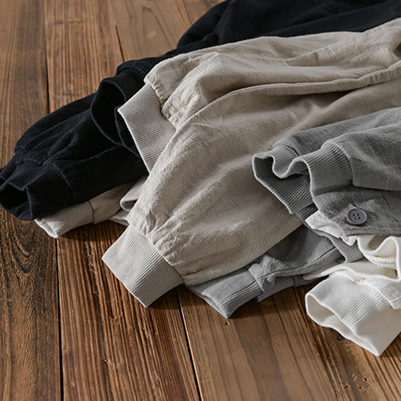 Buddha Stones Ribbed Hem Design Hoodie Long Sleeve Men's Cotton Linen Jacket Shirt With Pockets