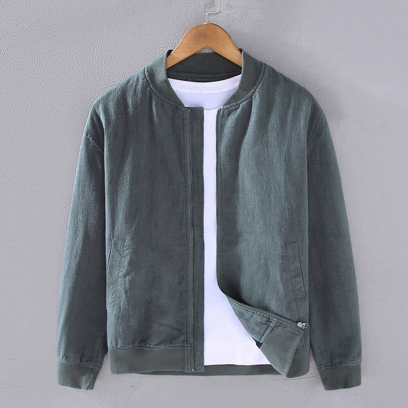 Buddha Stones Winter Zipper Design Stand Collar Men's Cotton Linen Long Sleeve Jacket With Pockets