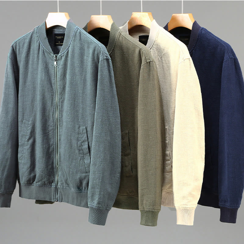 Buddha Stones Winter Zipper Design Stand Collar Men's Cotton Linen Long Sleeve Jacket With Pockets