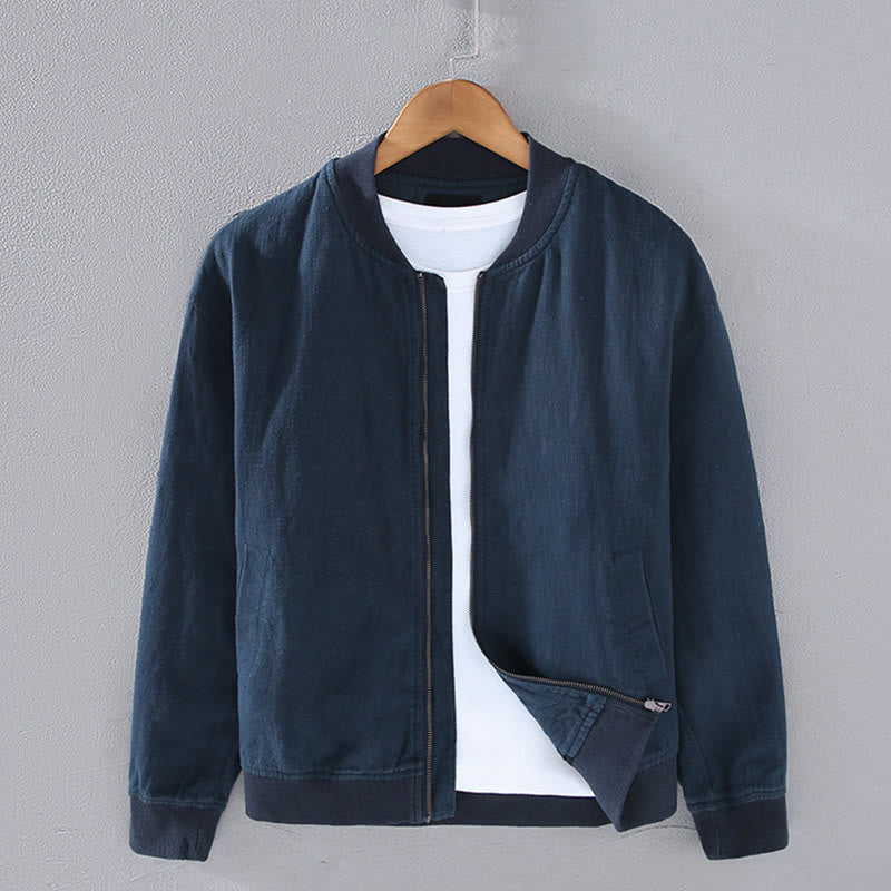 Buddha Stones Winter Zipper Design Stand Collar Men's Cotton Linen Long Sleeve Jacket With Pockets