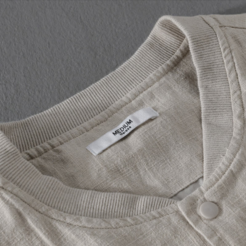 Buddha Stones Solid Color Ribbed Hem Long Sleeve Men's Cotton Linen Shirt With Pockets