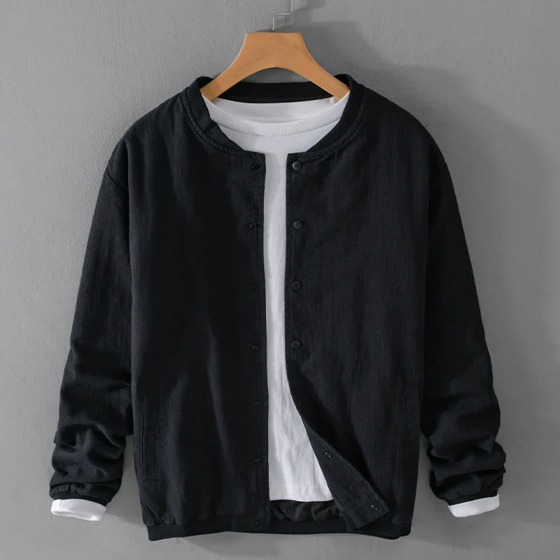 Buddha Stones Solid Color Ribbed Hem Long Sleeve Men's Cotton Linen Shirt With Pockets