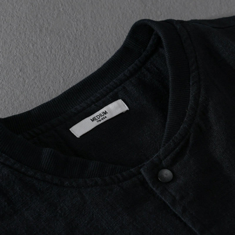 Buddha Stones Solid Color Ribbed Hem Long Sleeve Men's Cotton Linen Shirt With Pockets