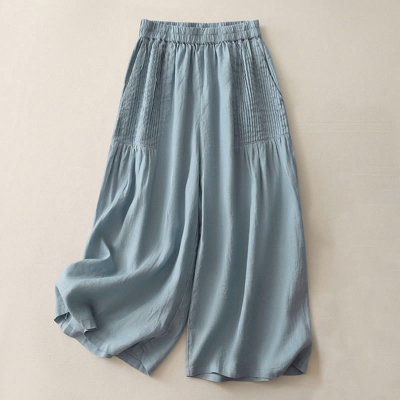 Buddha Stones Casual Plain Tucker Pleats Elastic Women's Polyester Wide Leg Pants With Pockets