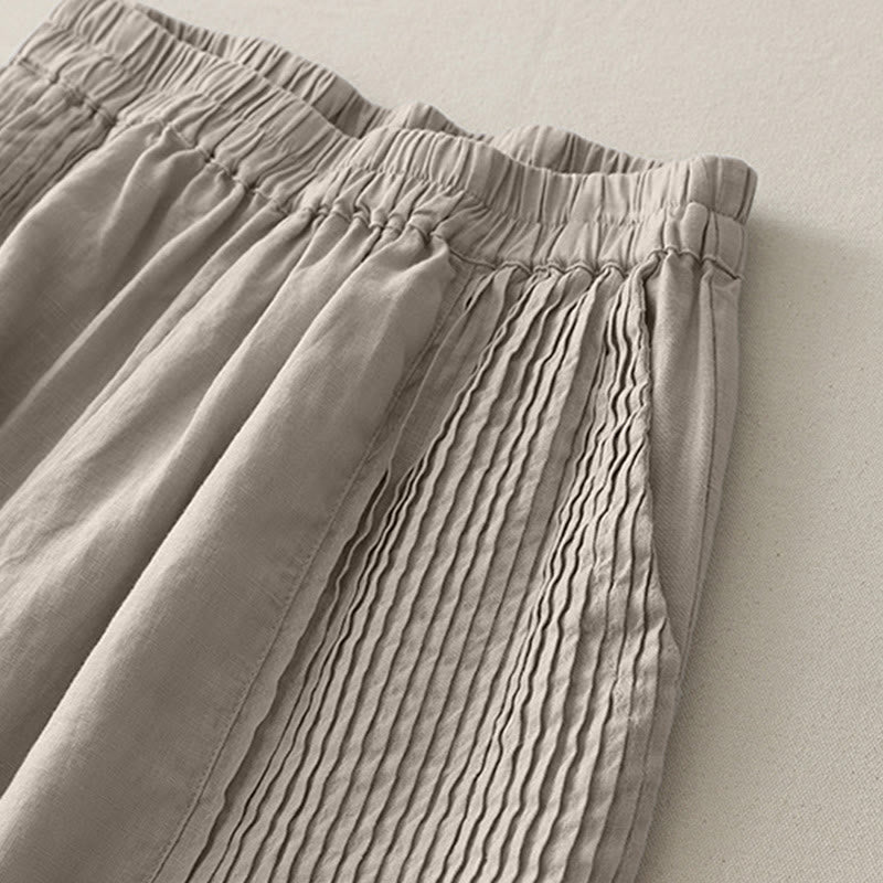 Buddha Stones Casual Plain Tucker Pleats Elastic Women's Polyester Wide Leg Pants With Pockets