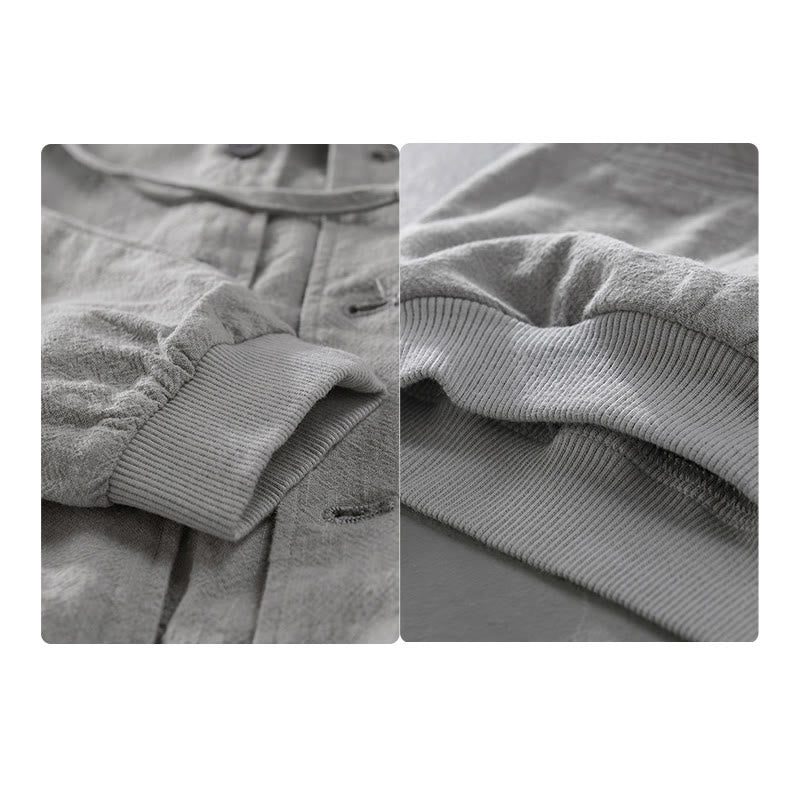 Buddha Stones Ribbed Hem Design Hoodie Long Sleeve Men's Cotton Linen Jacket Shirt With Pockets