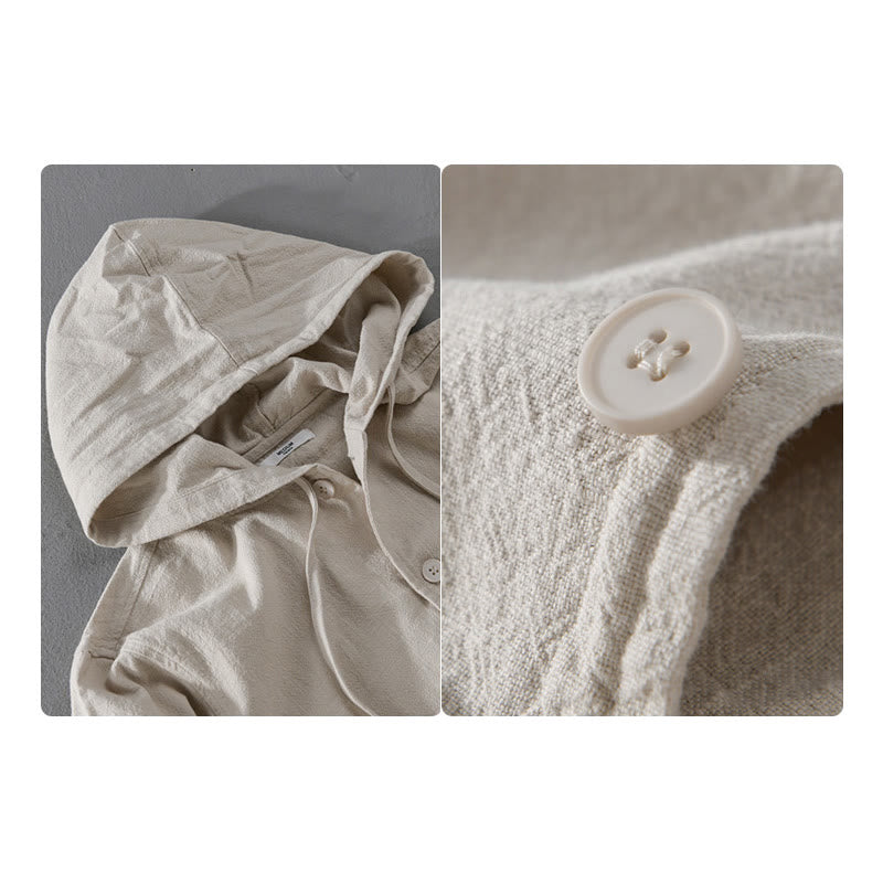 Buddha Stones Ribbed Hem Design Hoodie Long Sleeve Men's Cotton Linen Jacket Shirt With Pockets