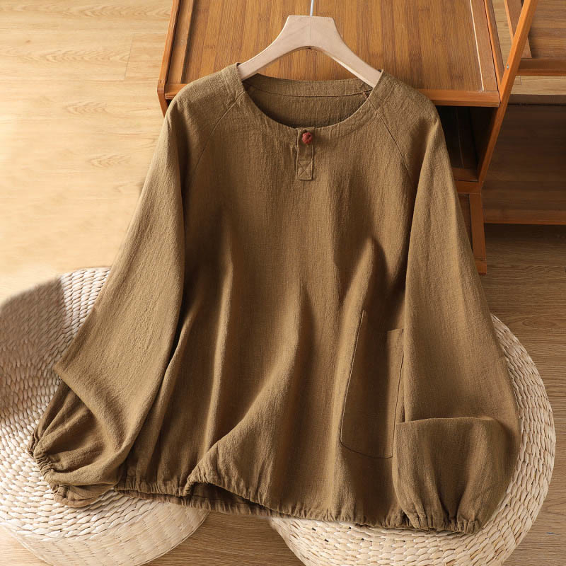Buddha Stones Casual Plain Long Sleeve Cotton Polyester Women's Shirt