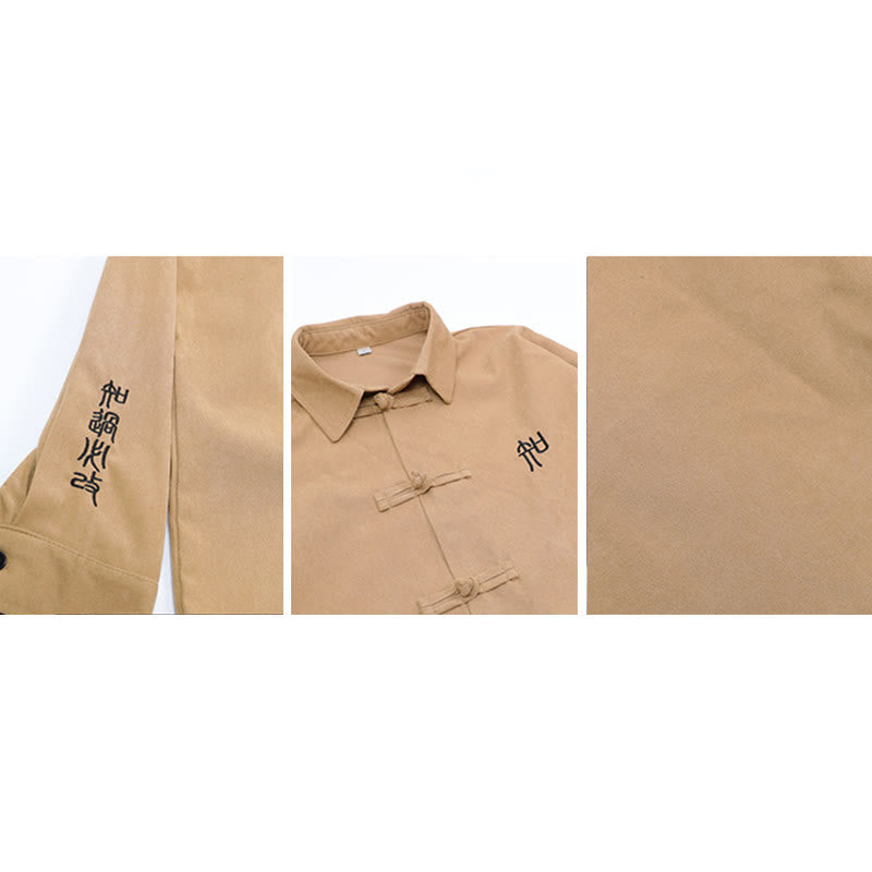 Buddha Stones Embroidery Chinese Frog-Button Design Tang Suit Men's Cotton Long Sleeve Jacket Shirt