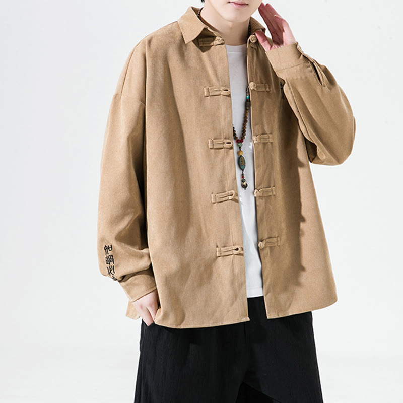 Buddha Stones Embroidery Chinese Frog-Button Design Tang Suit Men's Cotton Long Sleeve Jacket Shirt