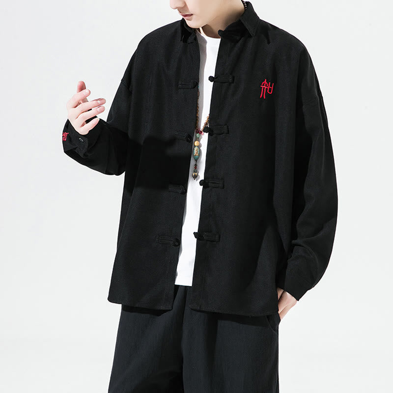 Buddha Stones Embroidery Chinese Frog-Button Design Tang Suit Men's Cotton Long Sleeve Jacket Shirt
