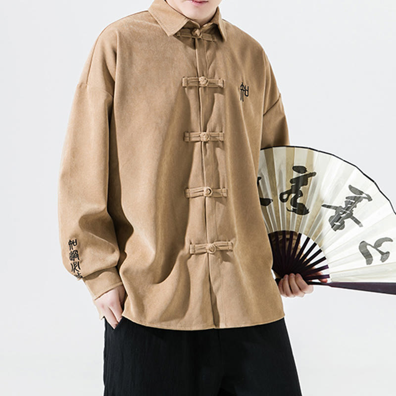 Buddha Stones Embroidery Chinese Frog-Button Design Tang Suit Men's Cotton Long Sleeve Jacket Shirt