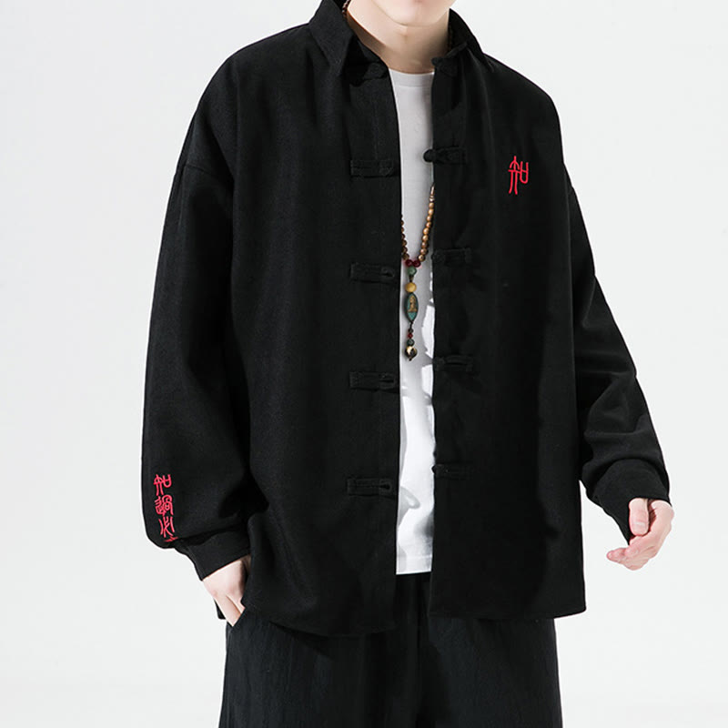 Buddha Stones Embroidery Chinese Frog-Button Design Tang Suit Men's Cotton Long Sleeve Jacket Shirt