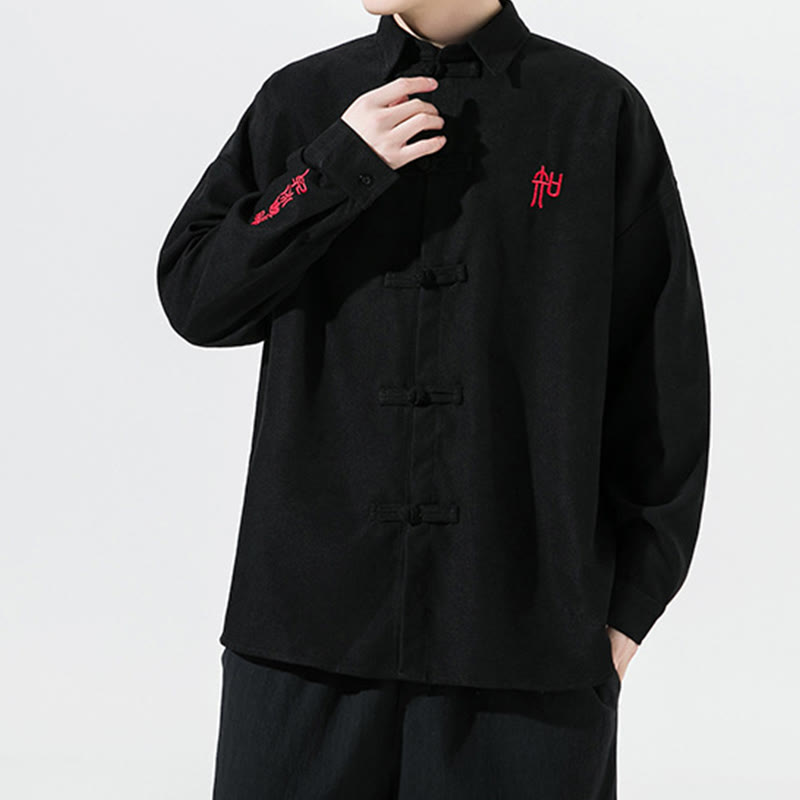 Buddha Stones Embroidery Chinese Frog-Button Design Tang Suit Men's Cotton Long Sleeve Jacket Shirt