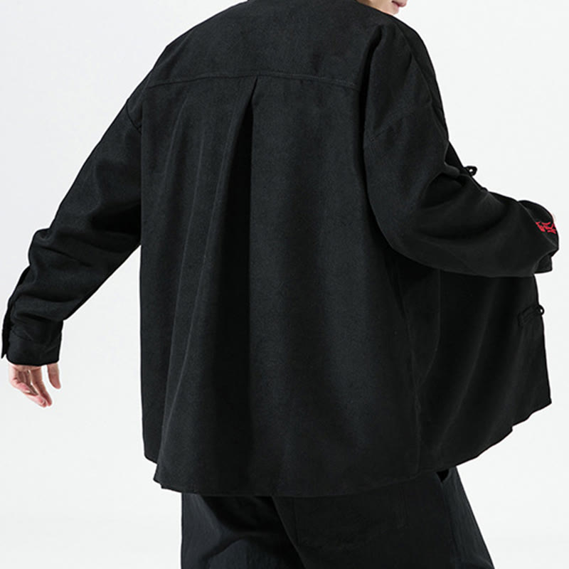 Buddha Stones Embroidery Chinese Frog-Button Design Tang Suit Men's Cotton Long Sleeve Jacket Shirt