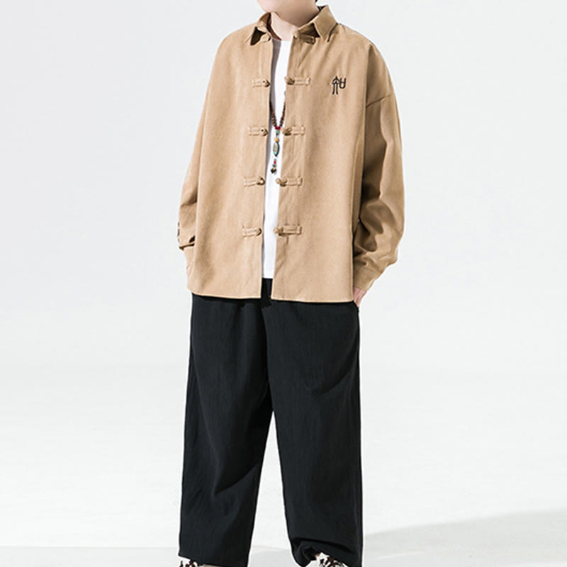 Buddha Stones Embroidery Chinese Frog-Button Design Tang Suit Men's Cotton Long Sleeve Jacket Shirt