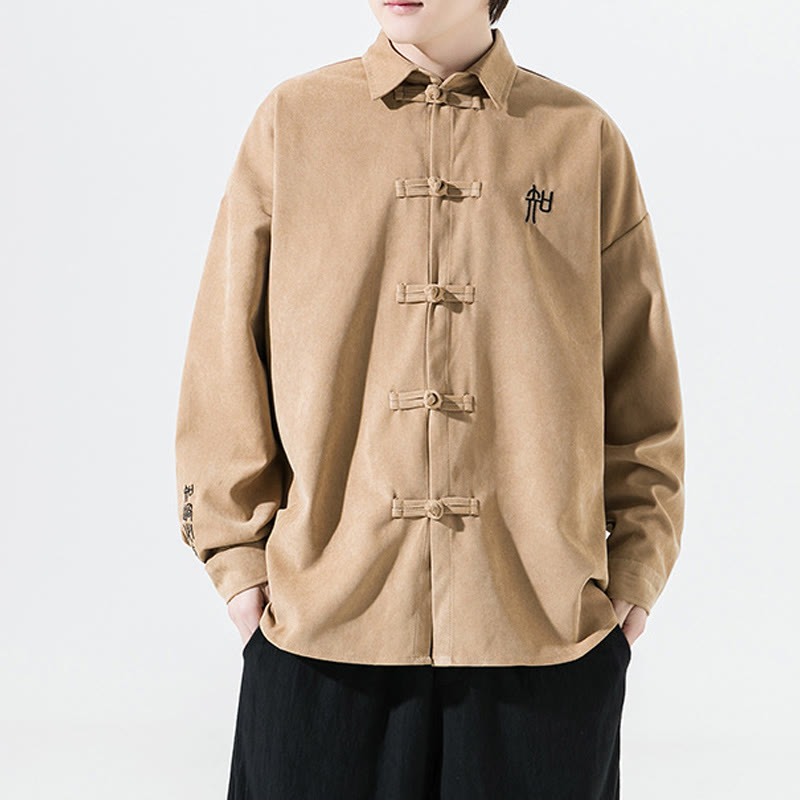 Buddha Stones Embroidery Chinese Frog-Button Design Tang Suit Men's Cotton Long Sleeve Jacket Shirt