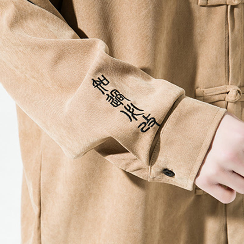 Buddha Stones Embroidery Chinese Frog-Button Design Tang Suit Men's Cotton Long Sleeve Jacket Shirt