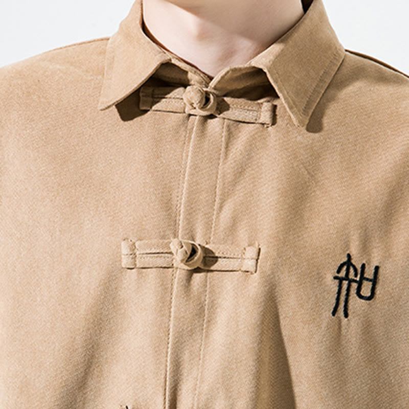 Buddha Stones Embroidery Chinese Frog-Button Design Tang Suit Men's Cotton Long Sleeve Jacket Shirt