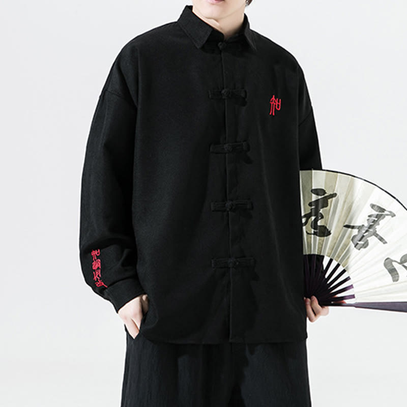 Buddha Stones Embroidery Chinese Frog-Button Design Tang Suit Men's Cotton Long Sleeve Jacket Shirt