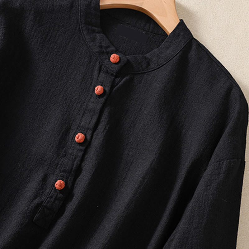 Buddha Stones Casual Buttons Crew Neck Cotton Women's Long Sleeve Shirt With Pockets
