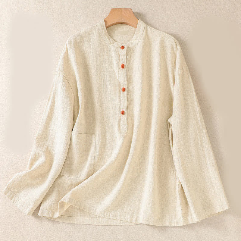Buddha Stones Casual Buttons Crew Neck Cotton Women's Long Sleeve Shirt With Pockets