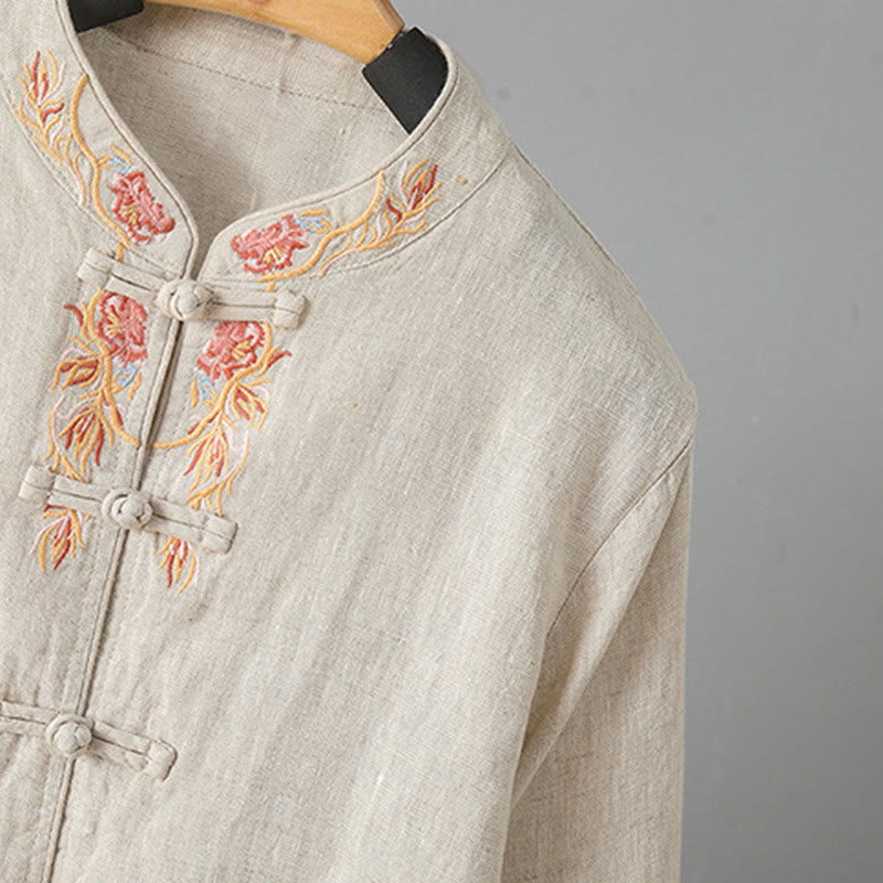 Buddha Stones Embroidery Flower Long Sleeve Frog-buttons Cotton Women's Shirt