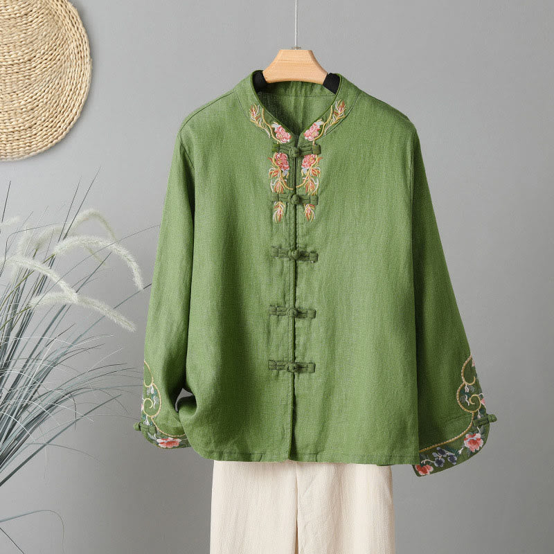Buddha Stones Embroidery Flower Long Sleeve Frog-buttons Cotton Women's Shirt
