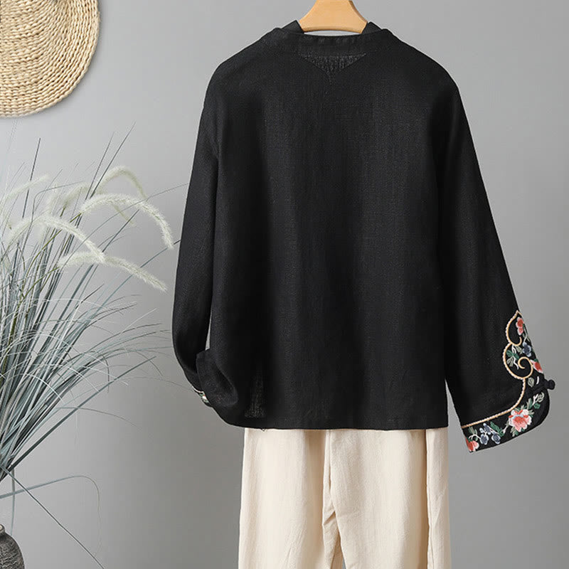 Buddha Stones Embroidery Flower Long Sleeve Frog-buttons Cotton Women's Shirt
