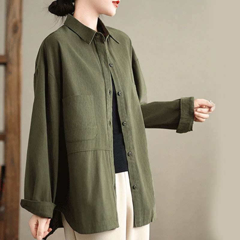 Buddha Stones Casual Plain Long Sleeve Cotton Women's Shirt With Pockets
