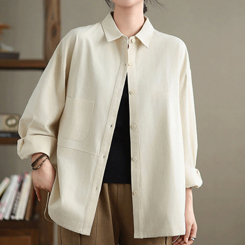 Buddha Stones Casual Plain Long Sleeve Cotton Women's Shirt With Pockets