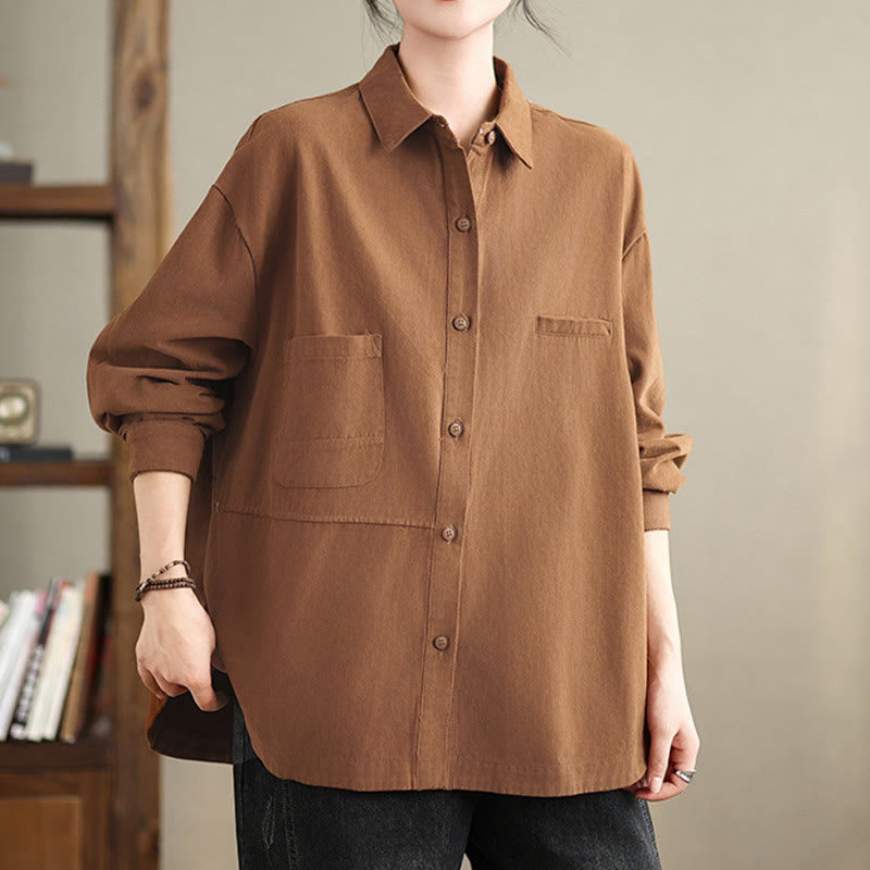Buddha Stones Casual Plain Long Sleeve Cotton Women's Shirt With Pockets