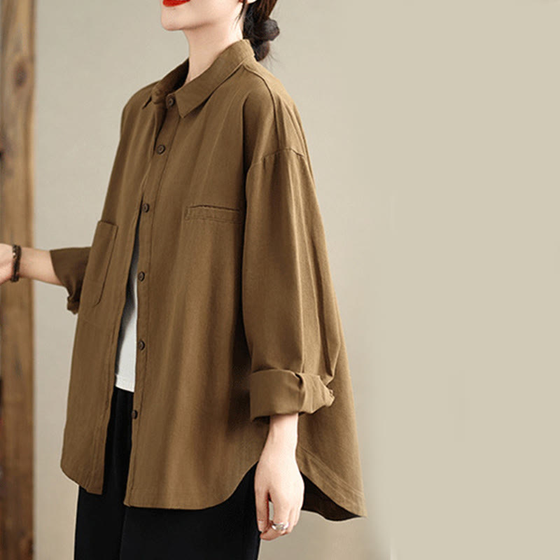 Buddha Stones Casual Plain Long Sleeve Cotton Women's Shirt With Pockets