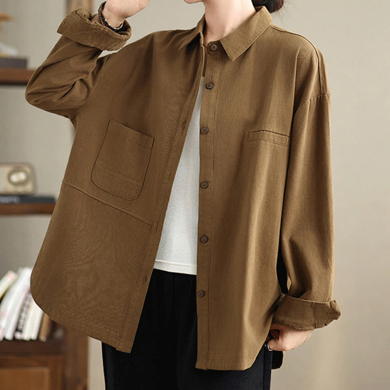 Buddha Stones Casual Plain Long Sleeve Cotton Women's Shirt With Pockets