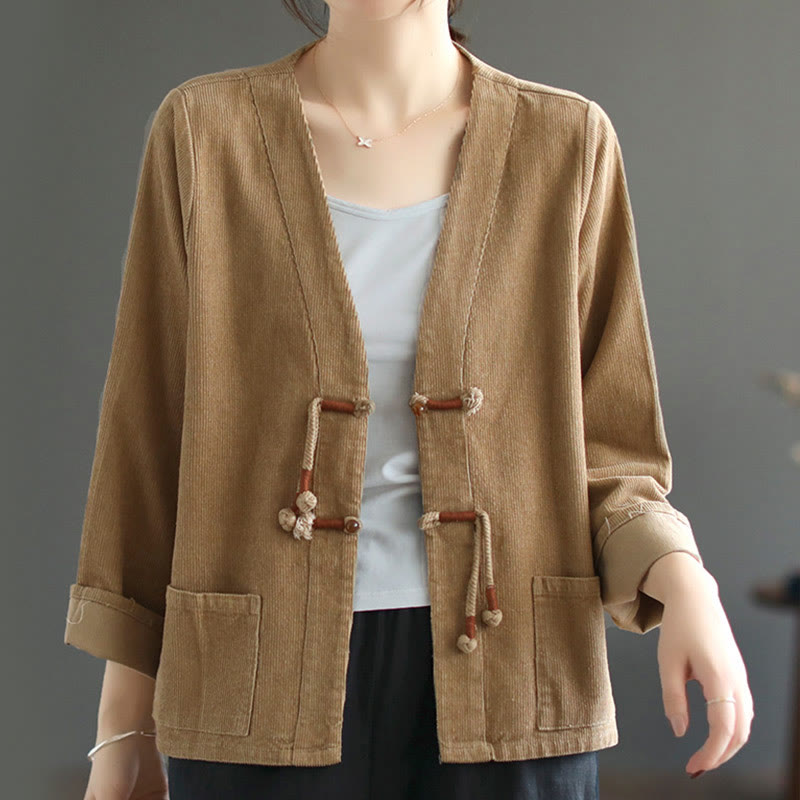 Buddha Stones Women's Cotton Long Sleeve Corduroy Jacket With Pockets