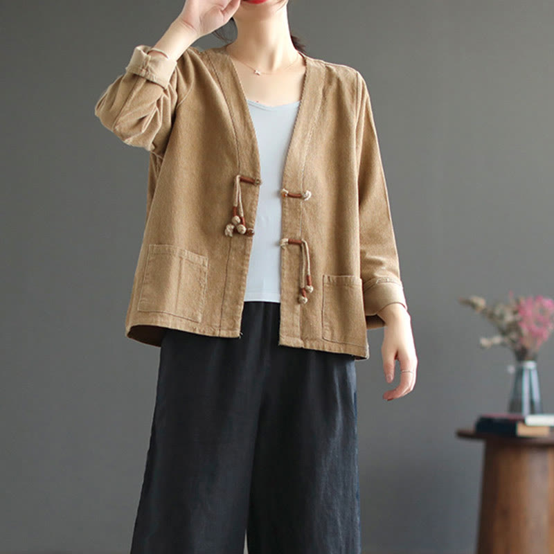 Buddha Stones Women's Cotton Long Sleeve Corduroy Jacket With Pockets