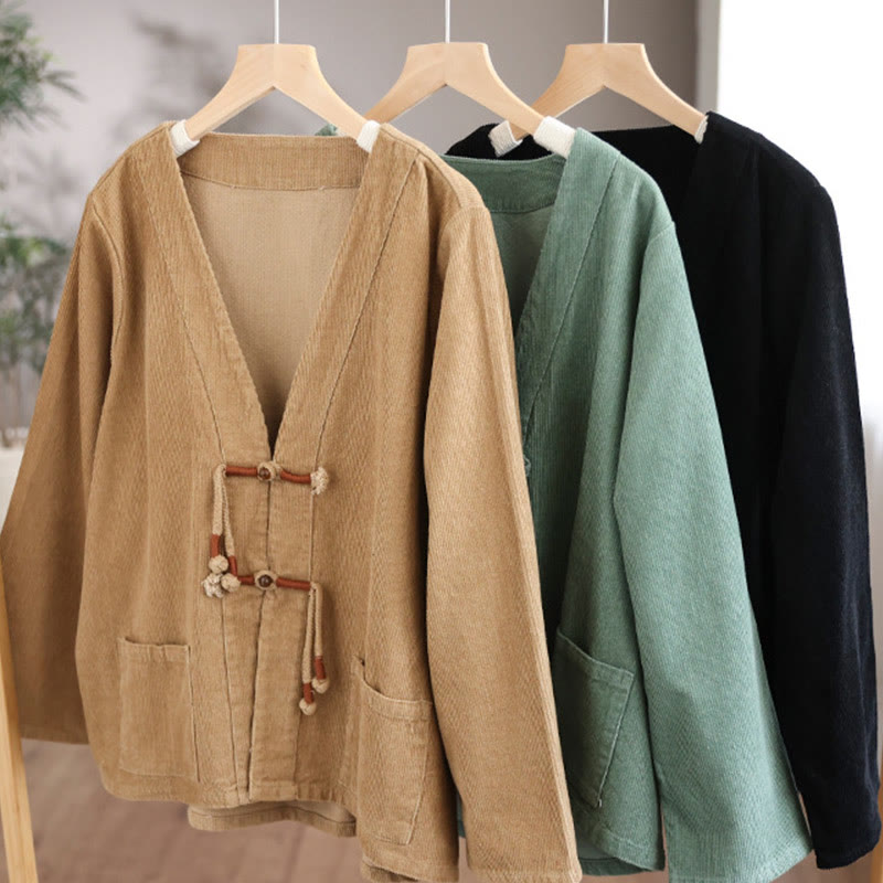 Buddha Stones Women's Cotton Long Sleeve Corduroy Jacket With Pockets