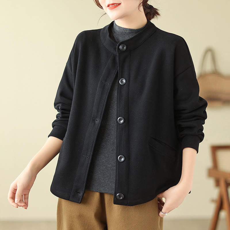 Buddha Stones Solid Color Women's Cotton Long Sleeve Jacket With Pockets