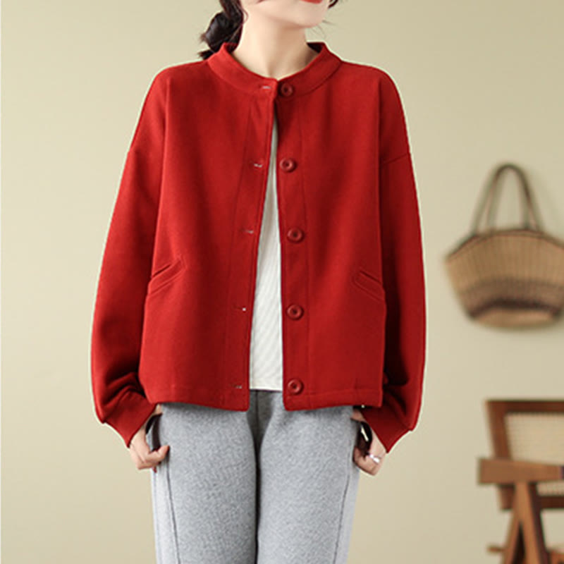 Buddha Stones Solid Color Women's Cotton Long Sleeve Jacket With Pockets