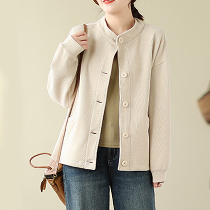 Buddha Stones Solid Color Women's Cotton Long Sleeve Jacket With Pockets