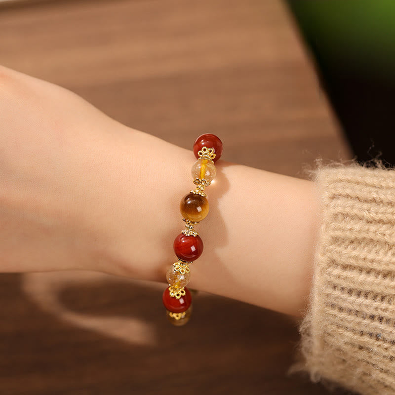 Buddha Stones Natural Golden Rutilated Quartz Tiger Eye Beads Wealth Bracelet