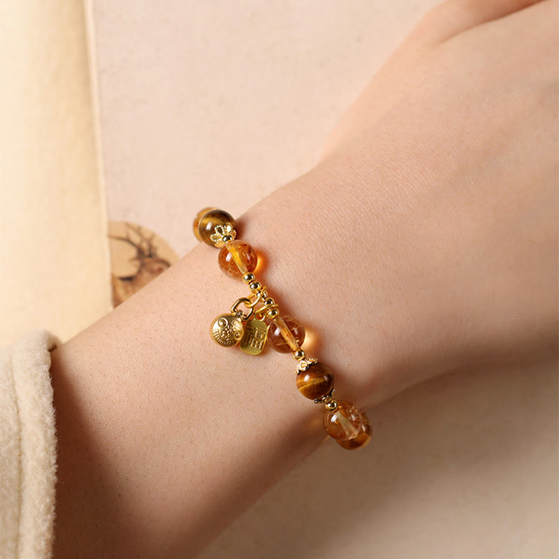 Buddha Stones Natural Citrine Fu Character Lucky Beast Prosperity Bracelet