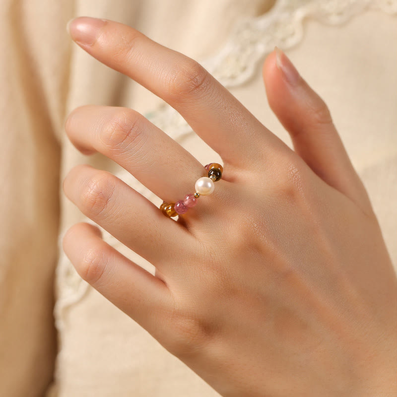 Buddha Stones Natural Tourmaline Lucky Pearl Pixiu Amber Positive Love Ring