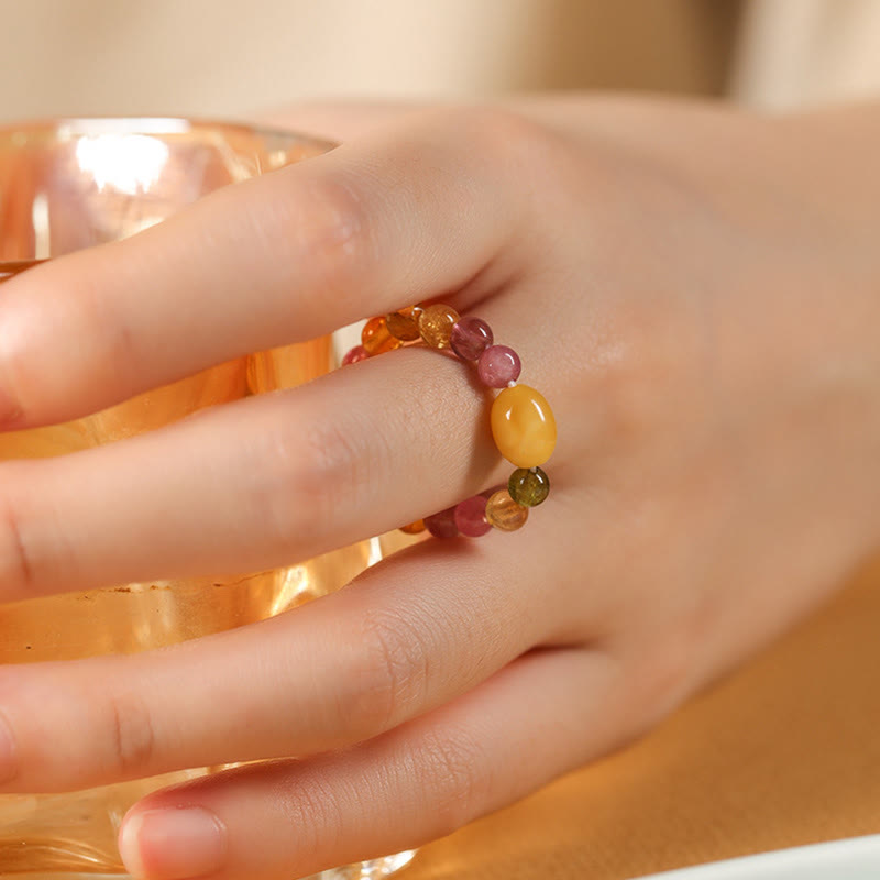 Buddha Stones Natural Tourmaline Lucky Pearl Pixiu Amber Positive Love Ring
